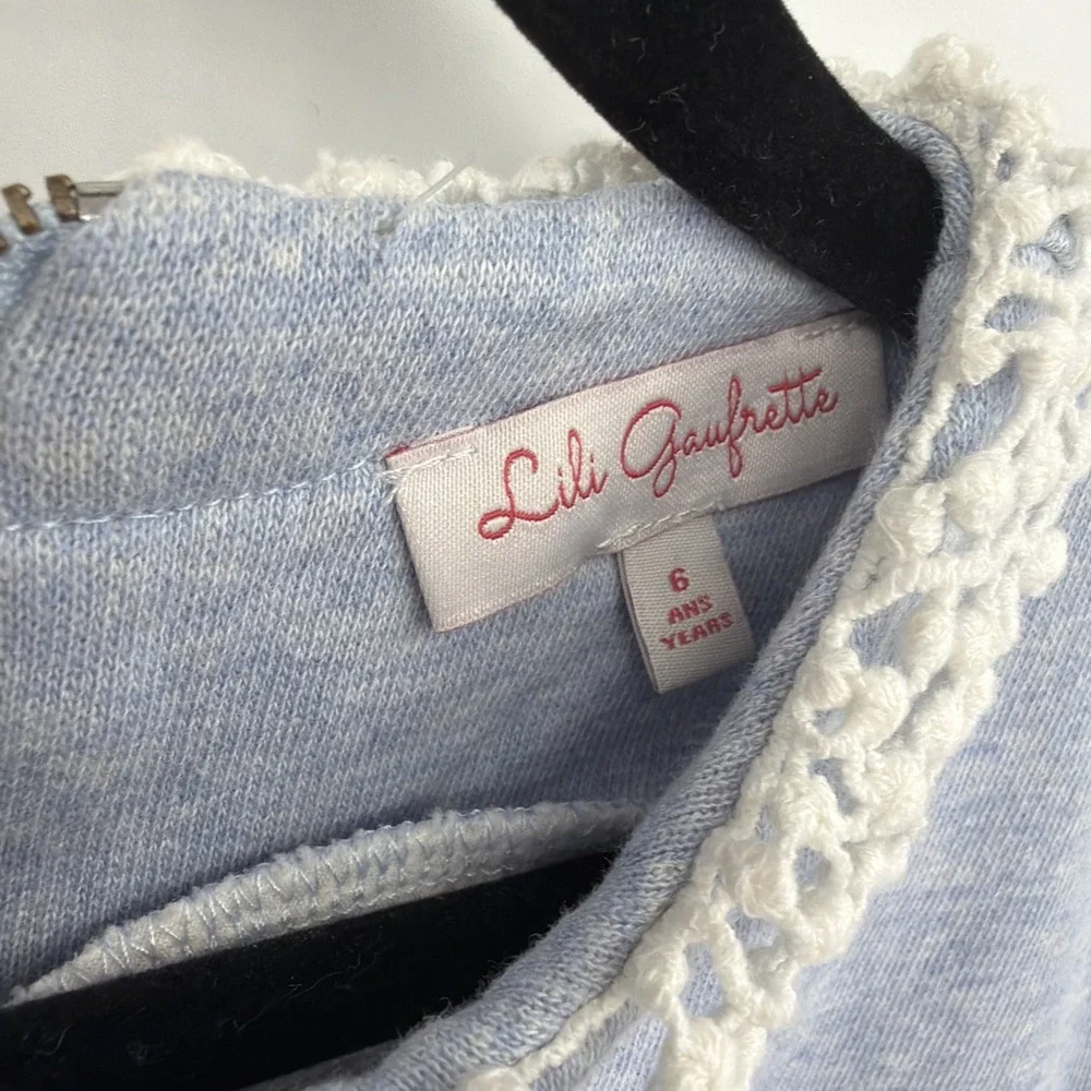 Lili Gaufrette Sz 6 Powder Blue Heather Jersey Dress Lace Collar‎ Bow France